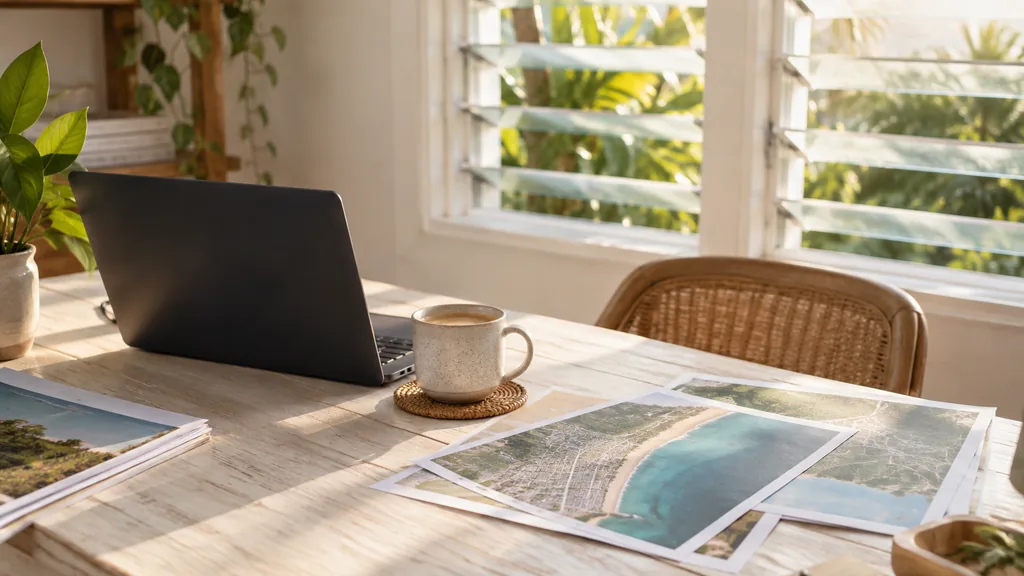 An empty workspace in a bright Burleigh Heads studio on a warm morning, a dark laptop beside printed local map-pack sheets and a coffee on a whitewashed timber desk, open louvre windows with golden coastal light