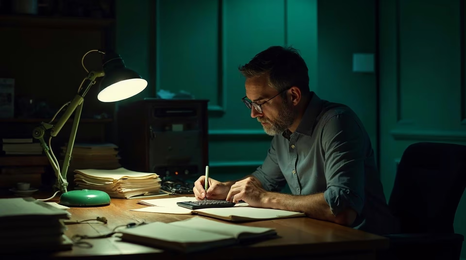 Accountant working late at a wooden desk surrounded by client folders under a green banker's lamp