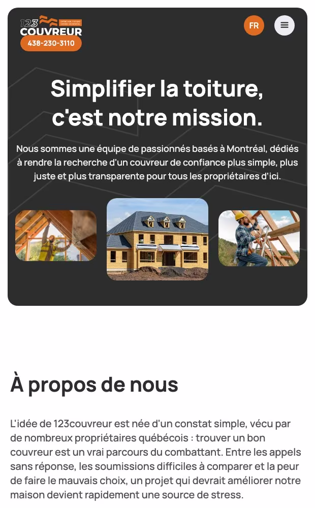 123Couvreur mobile mission section with roofing photographs