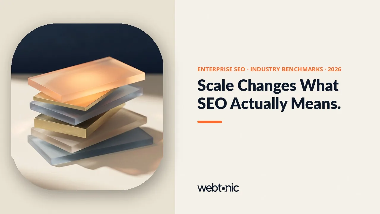 Enterprise SEO statistics 2026 thumbnail showing an 11,074x spread in median organic traffic between small and large websites by indexed page count