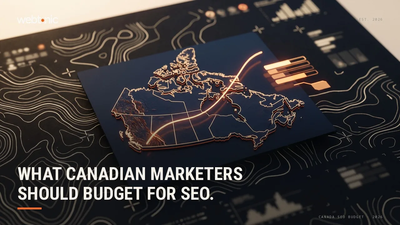 Canada SEO statistics 2026 thumbnail showing typical monthly SEO retainers of CAD 2,500 to 5,000 alongside Statistics Canada e-commerce growth data