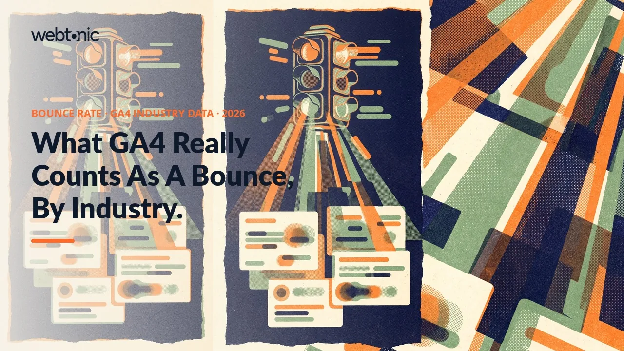 Average bounce rate by industry 2026 thumbnail showing the 44.04 percent GA4 median against Apparel and Footwear at 35.76 percent and IT Services at 48.38 percent