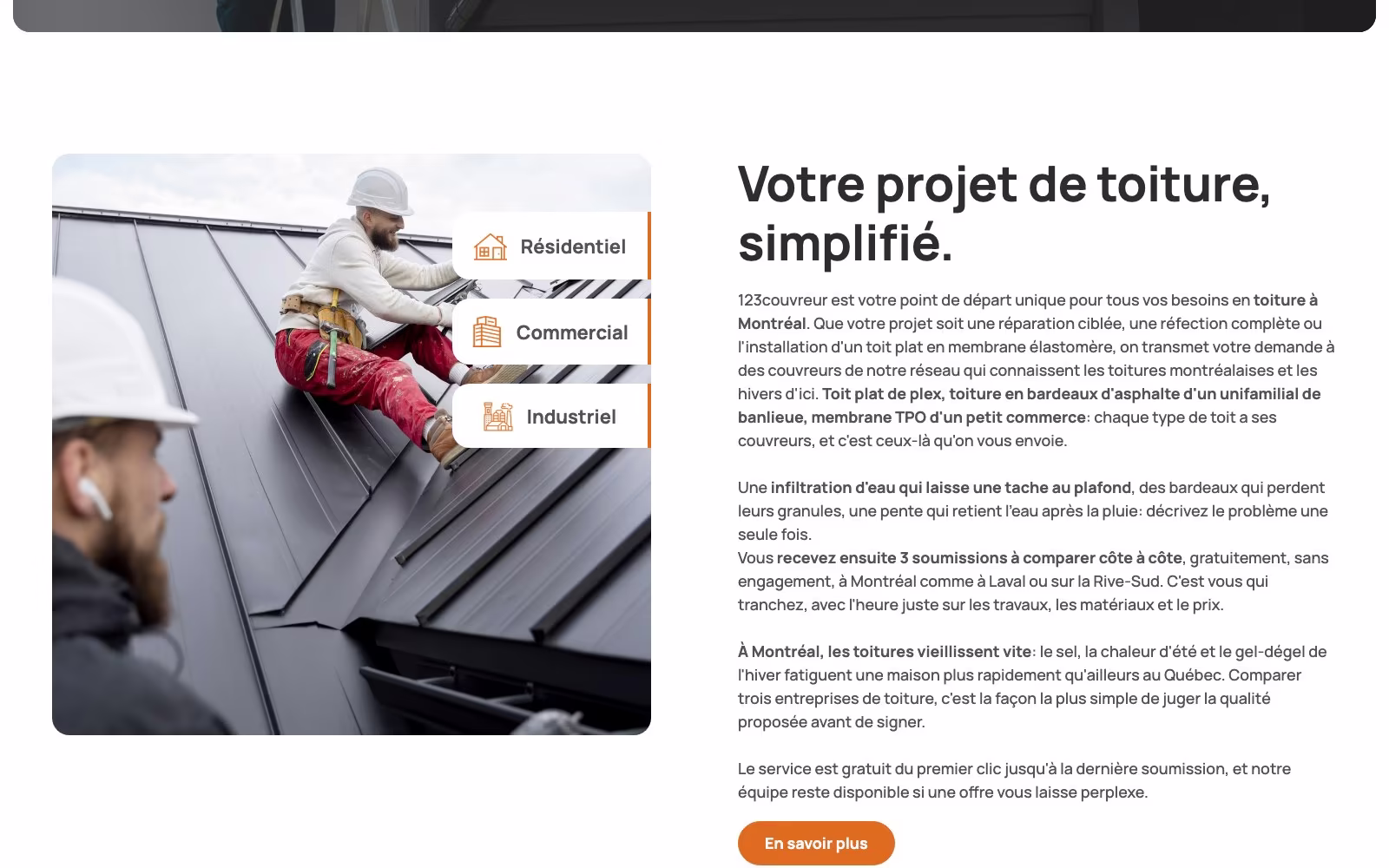 123Couvreur homepage: Votre projet de toiture, simplifie, with residential, commercial and industrial options