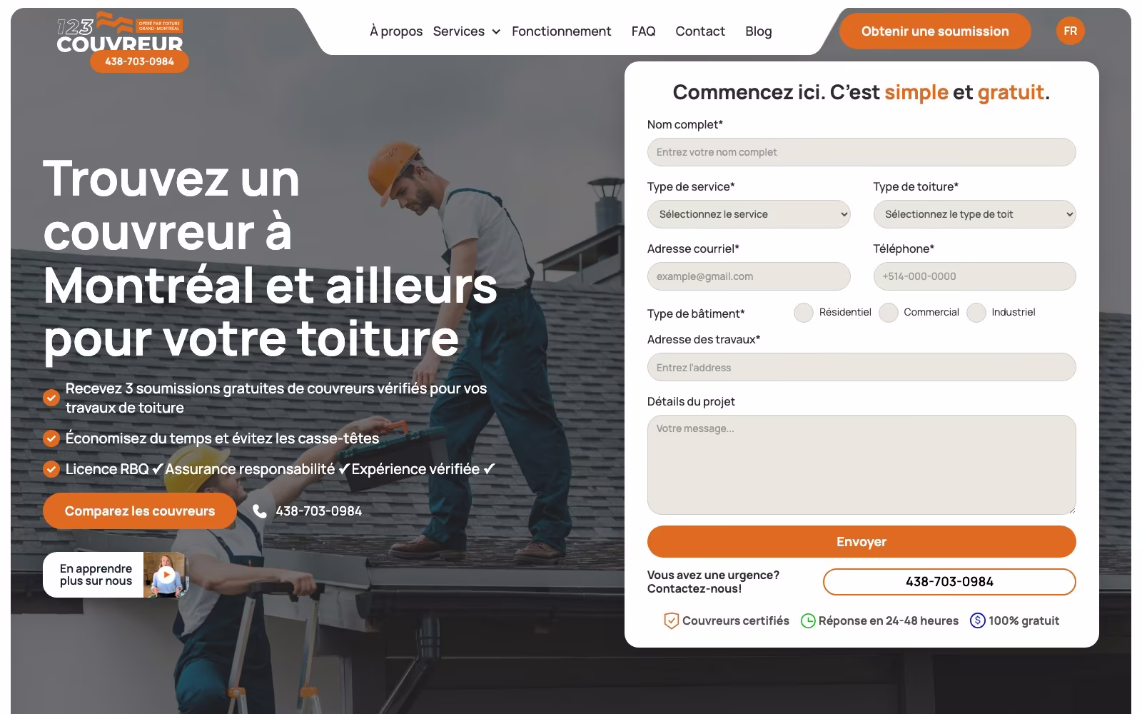 123Couvreur website homepage: roofing quote marketplace hero with request form