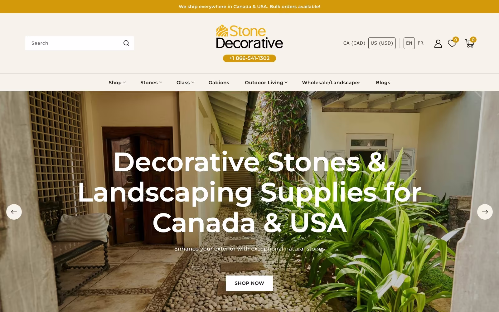 Stone Decorative homepage hero — decorative stones and landscaping supplies for Canada and USA