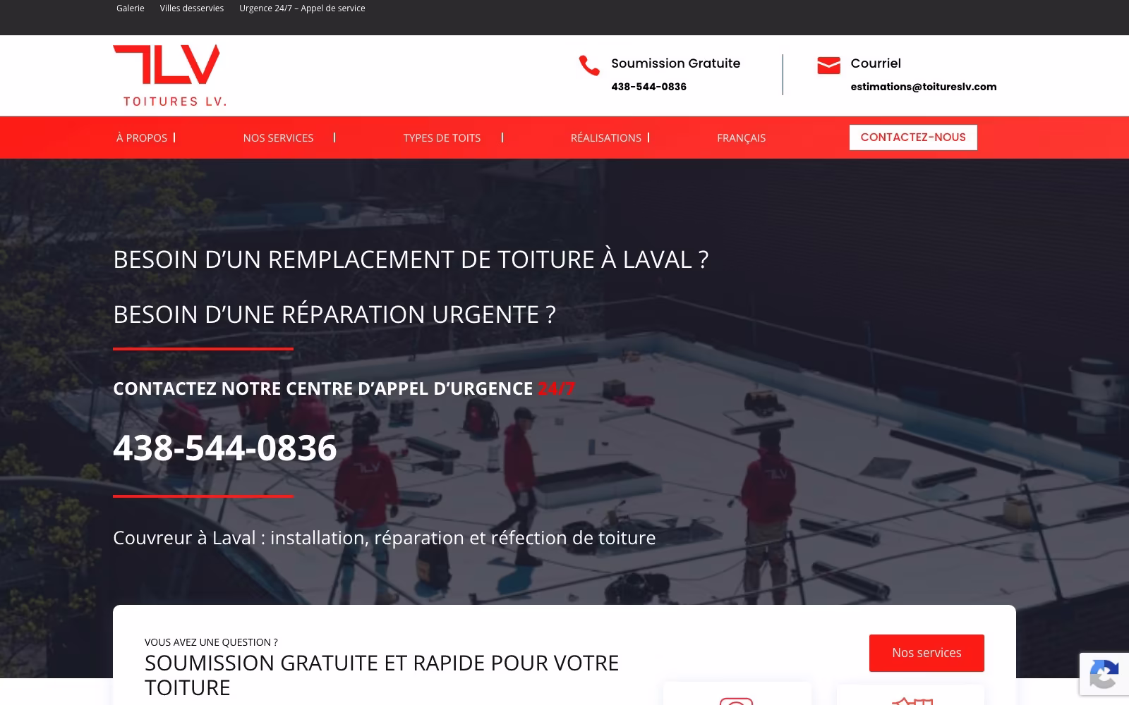 Toitures LV homepage hero — Laval roofing with a 24/7 emergency line