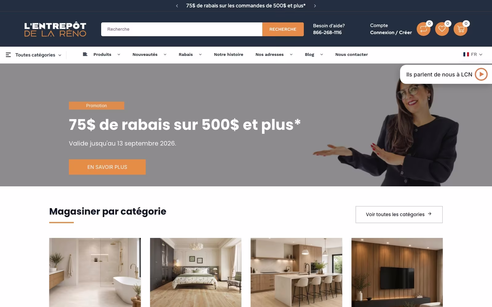Entrepôt de la Réno homepage hero with the shipping promotion and category tiles