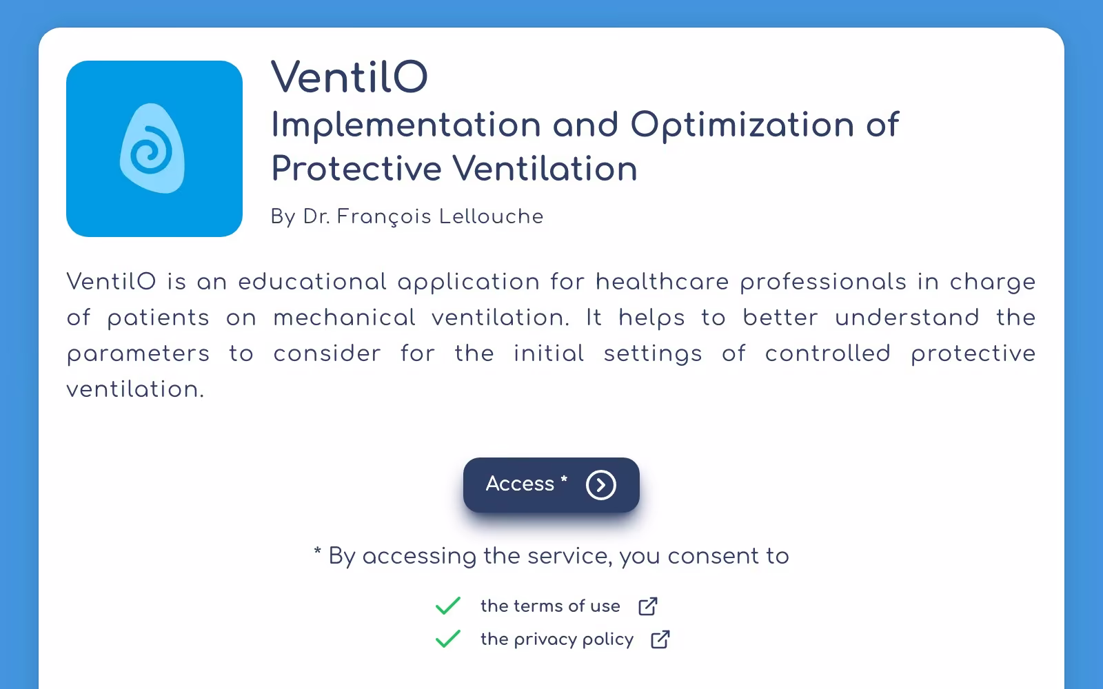VentilO clinical web app homepage