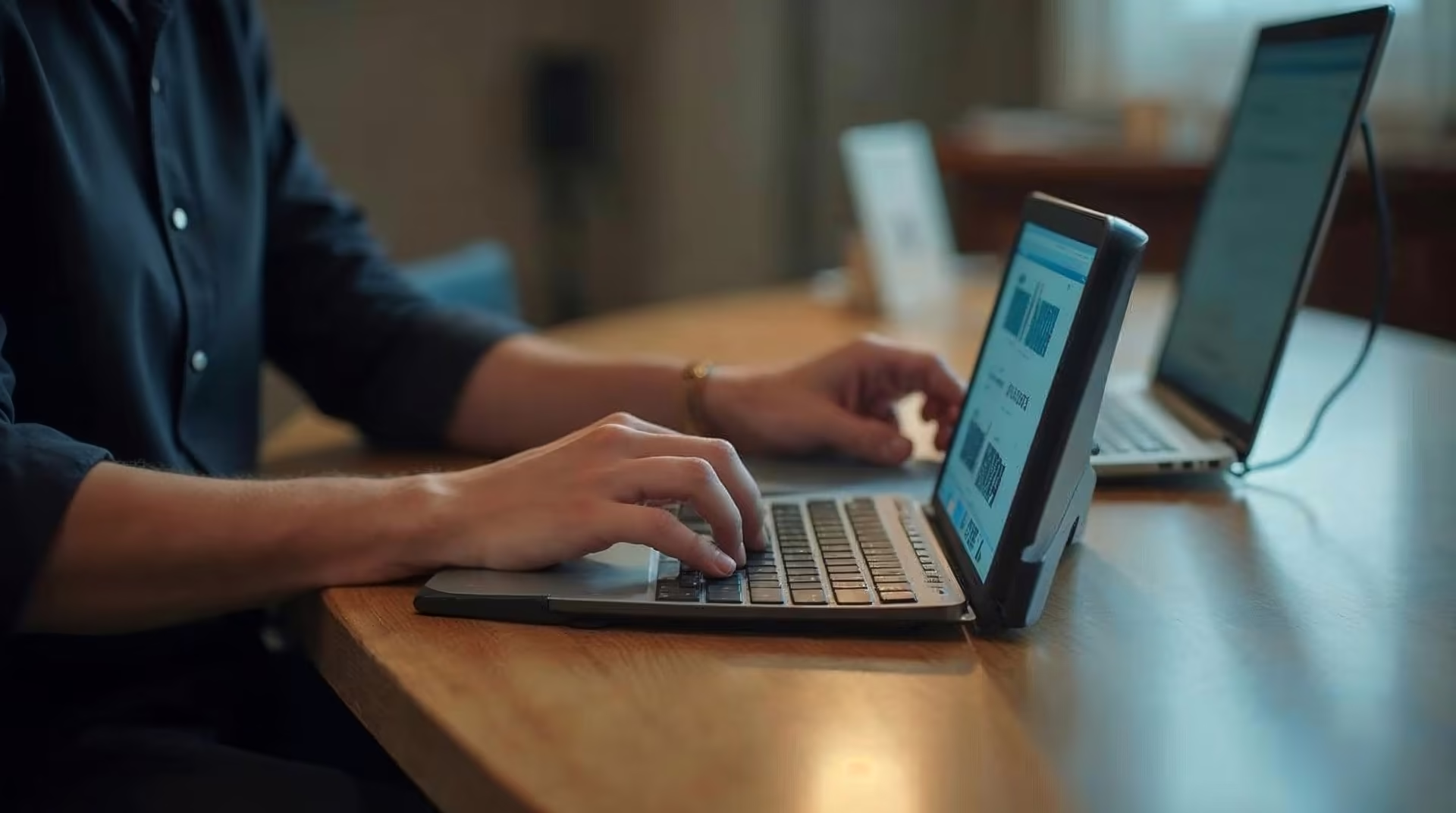 Hands reading a refreshable braille display beside an open laptop on a desk