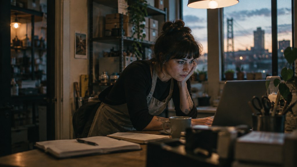 A small-business owner in an apron leaning over a laptop on a cluttered back-office desk late in the day, photographed in Portland