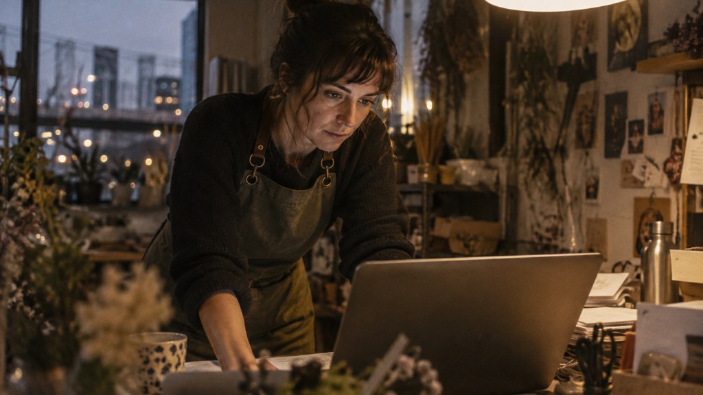 A small-business owner in an apron leaning over a laptop on a cluttered back-office desk late in the day, photographed in Portland