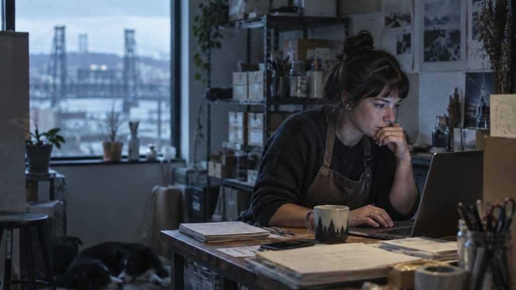A small-business owner in an apron leaning over a laptop on a cluttered back-office desk late in the day, photographed in Portland