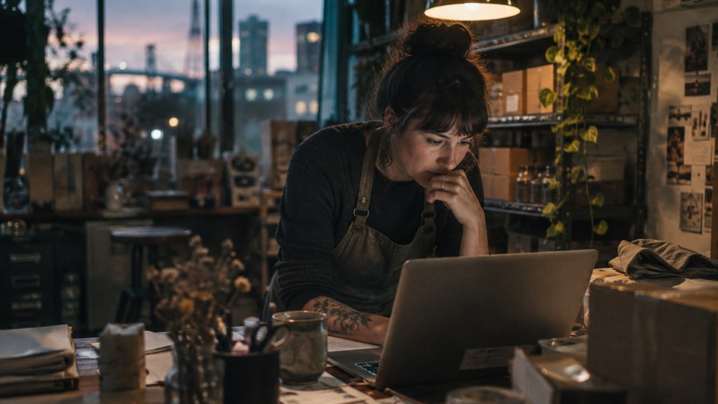 A small-business owner in an apron leaning over a laptop on a cluttered back-office desk late in the day, photographed in Portland
