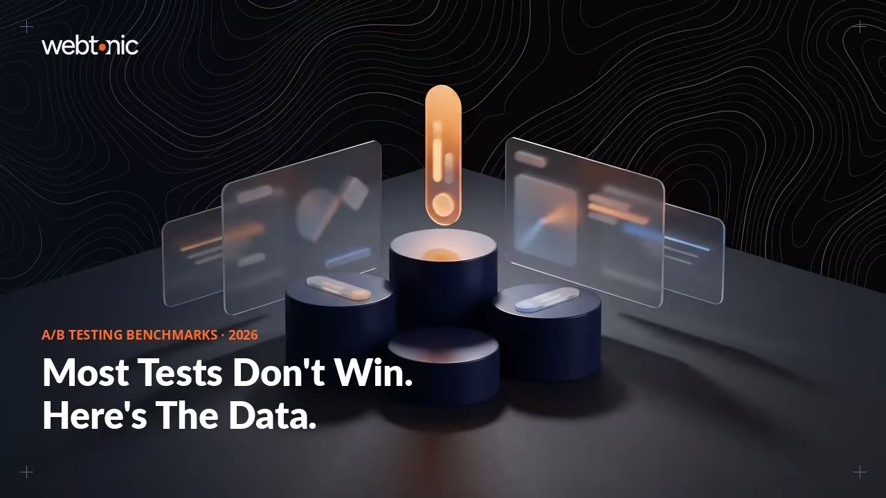 AB testing statistics 2026 thumbnail showing a 17.4 percent test win rate across a 2,408-test dataset and an 8.4 percent average lift on winning tests