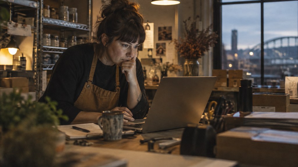 A small-business owner in an apron leaning over a laptop on a cluttered back-office desk late in the day, photographed in Portland