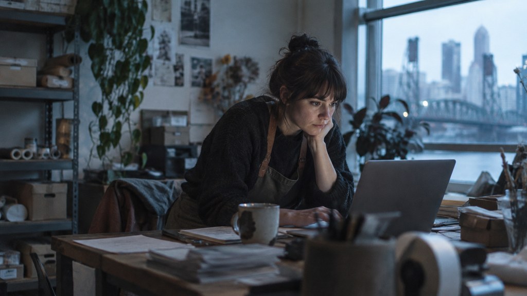 A small-business owner in an apron leaning over a laptop on a cluttered back-office desk late in the day, photographed in Portland