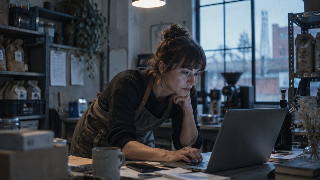 A small-business owner in an apron leaning over a laptop on a cluttered back-office desk late in the day, photographed in Portland