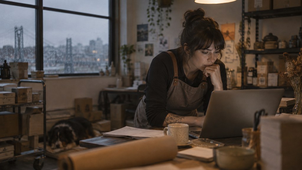 A small-business owner in an apron leaning over a laptop on a cluttered back-office desk late in the day, photographed in Portland