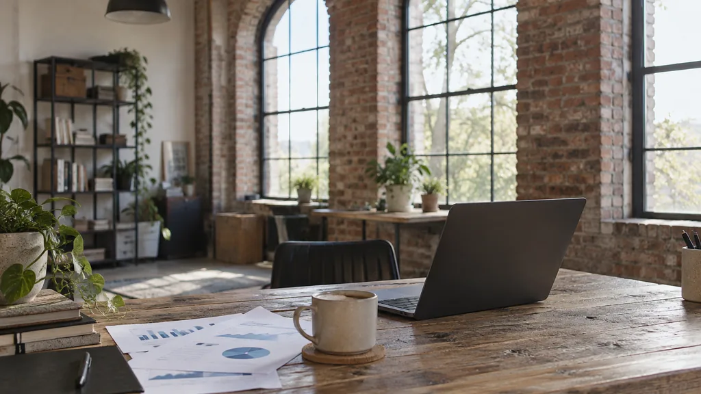 An empty workspace in a converted Baltic Triangle warehouse studio on a bright blustery afternoon, a dark laptop beside printed search-campaign reports and a coffee on a reclaimed pine desk, tall arched brick windows with pale light