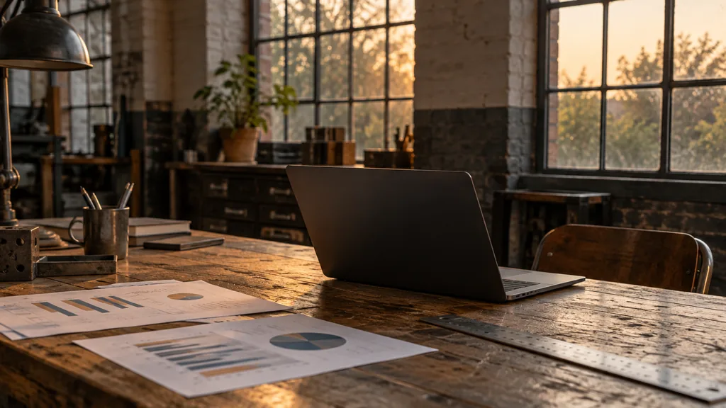 An empty workspace in a former cutlery-works studio in Kelham Island in the evening, a dark laptop beside printed cost-per-click charts and a steel ruler on a scuffed oak bench, multi-pane windows with warm amber light