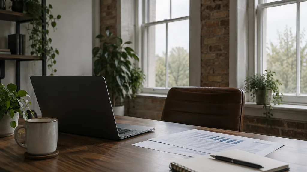 An empty workspace in a Lace Market loft studio on a quiet grey morning, a dark laptop beside printed keyword-bid sheets and a notebook on a walnut desk, tall sash windows with soft white light