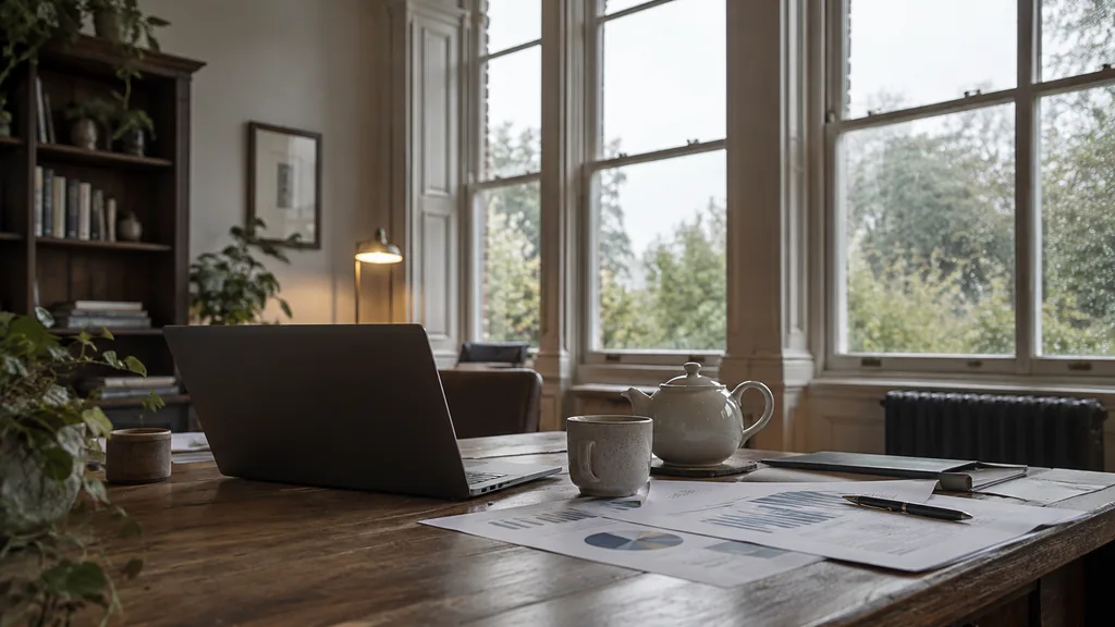 An empty workspace in a Victorian office studio near Cardiff Bay on a damp afternoon, a dark laptop beside printed ad-spend reports and a teapot on an oak table, high arched windows with cool silver light