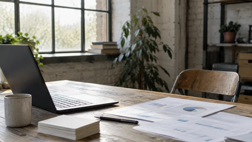 An empty workspace in an Ouseburn Valley warehouse studio on a cold bright morning, a dark laptop beside printed conversion reports and a stack of index cards on a scrubbed timber desk, iron-framed windows with crisp white light