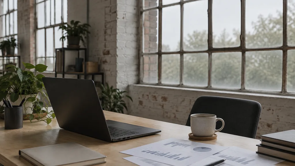 An empty workspace in a converted hosiery-factory studio in Leicester on an overcast afternoon, a dark laptop beside printed search-term reports and a coffee on a birch desk, wide factory windows with diffuse grey light