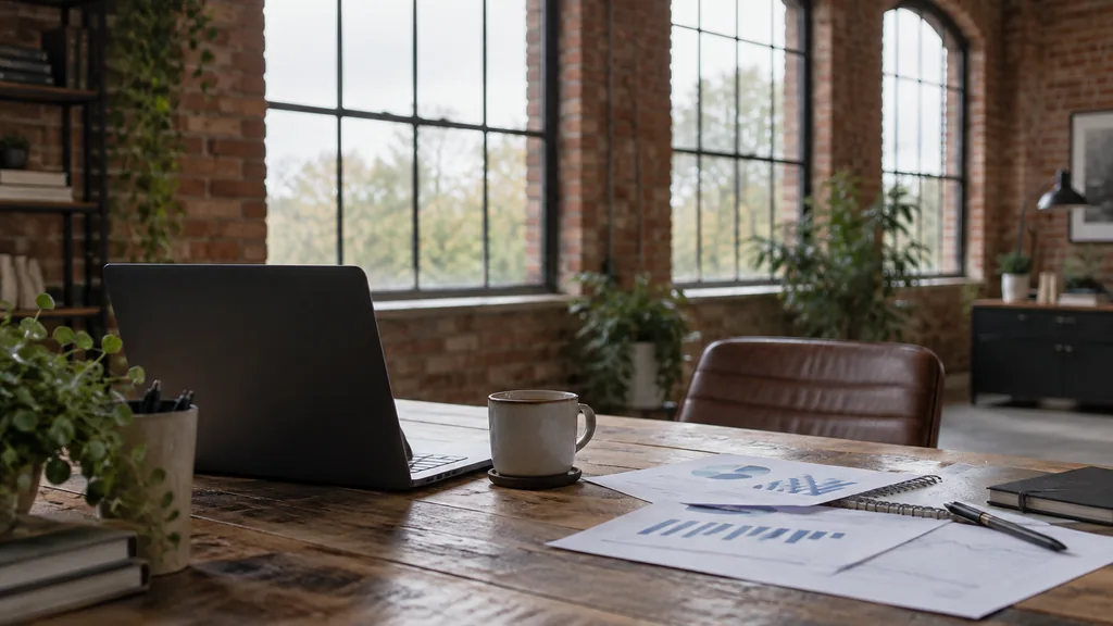 An empty workspace in a converted red-brick mill studio in Belfast on a soft overcast afternoon, a dark laptop beside printed search-campaign reports and a mug of tea on a reclaimed oak desk, tall arched windows with pale grey light