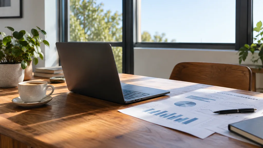 An empty workspace in a compact Te Aro studio on a gusty bright morning, a dark laptop beside printed cost-per-click charts and a flat white on a rimu timber desk, steel-framed windows with crisp blue light
