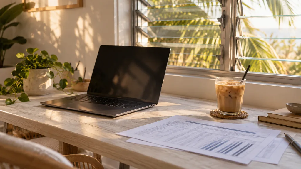 An empty workspace in a bright Burleigh Heads studio on a warm late afternoon, a dark laptop beside printed keyword-bid sheets and an iced coffee on a whitewashed timber desk, open louvre windows with golden light and palm fronds