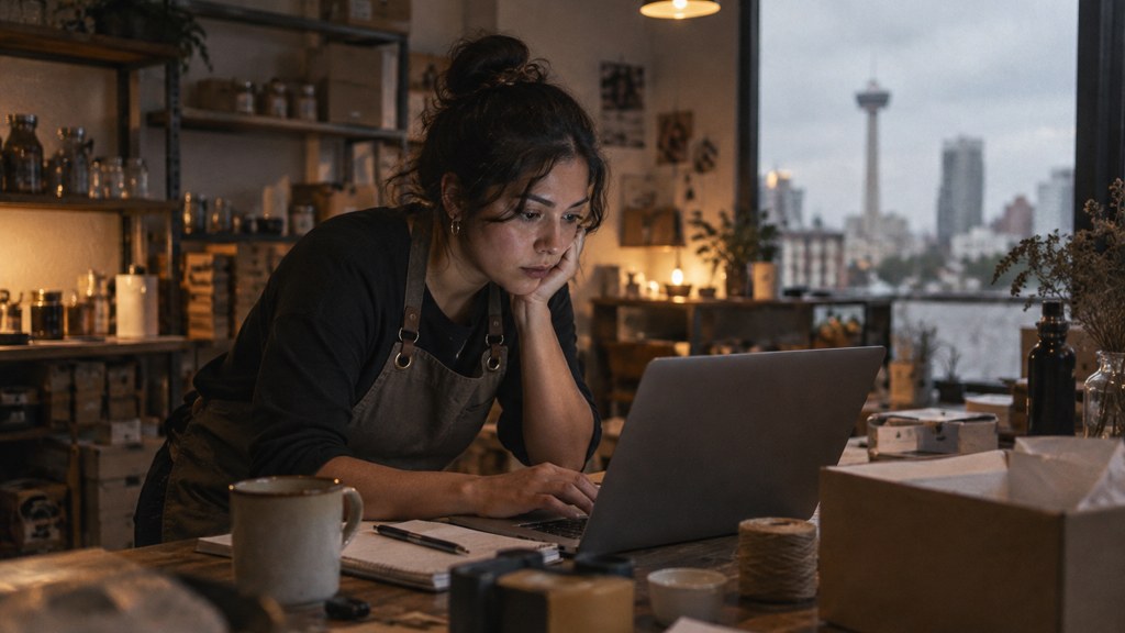 A small-business owner in an apron leaning over a laptop on a cluttered back-office desk late in the day, photographed in San Antonio