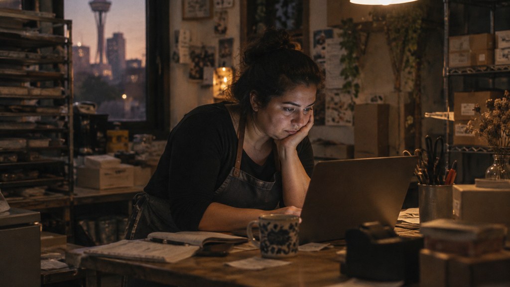 A small-business owner in an apron leaning over a laptop on a cluttered back-office desk late in the day, photographed in San Antonio