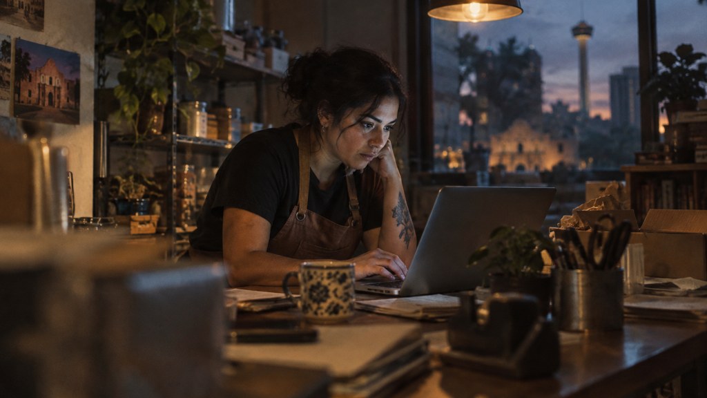 A small-business owner in an apron leaning over a laptop on a cluttered back-office desk late in the day, photographed in San Antonio