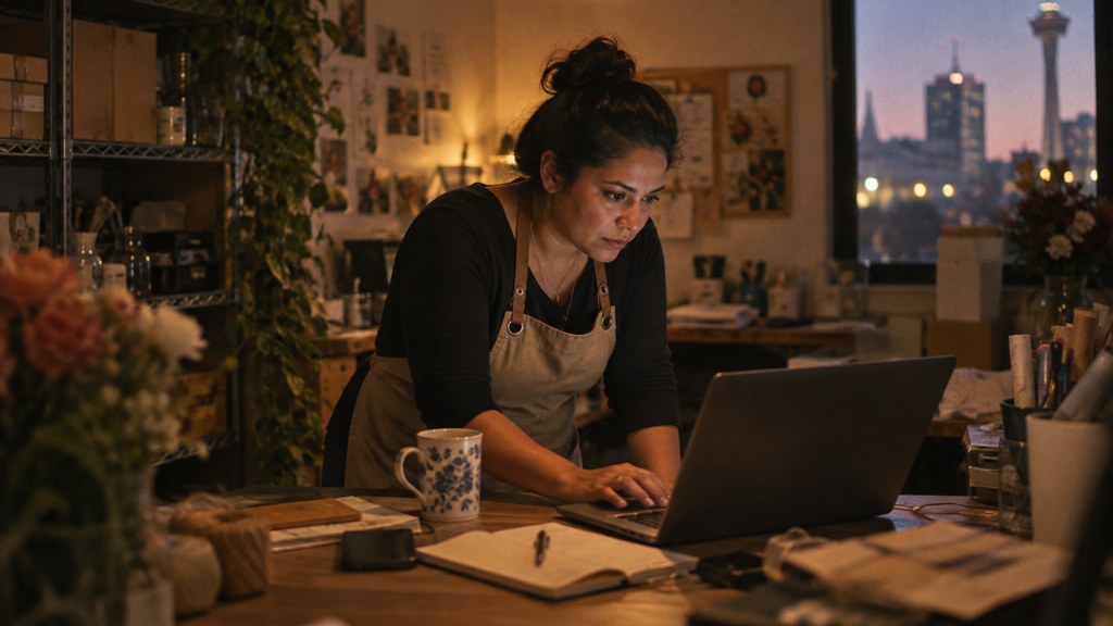 A small-business owner in an apron leaning over a laptop on a cluttered back-office desk late in the day, photographed in San Antonio