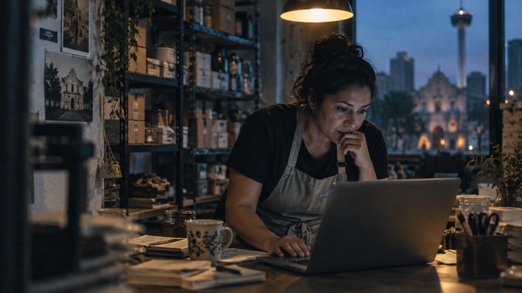 A small-business owner in an apron leaning over a laptop on a cluttered back-office desk late in the day, photographed in San Antonio