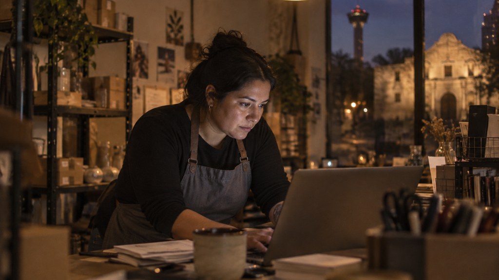 A small-business owner in an apron leaning over a laptop on a cluttered back-office desk late in the day, photographed in San Antonio