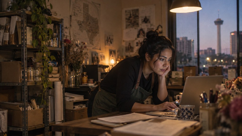 A small-business owner in an apron leaning over a laptop on a cluttered back-office desk late in the day, photographed in San Antonio