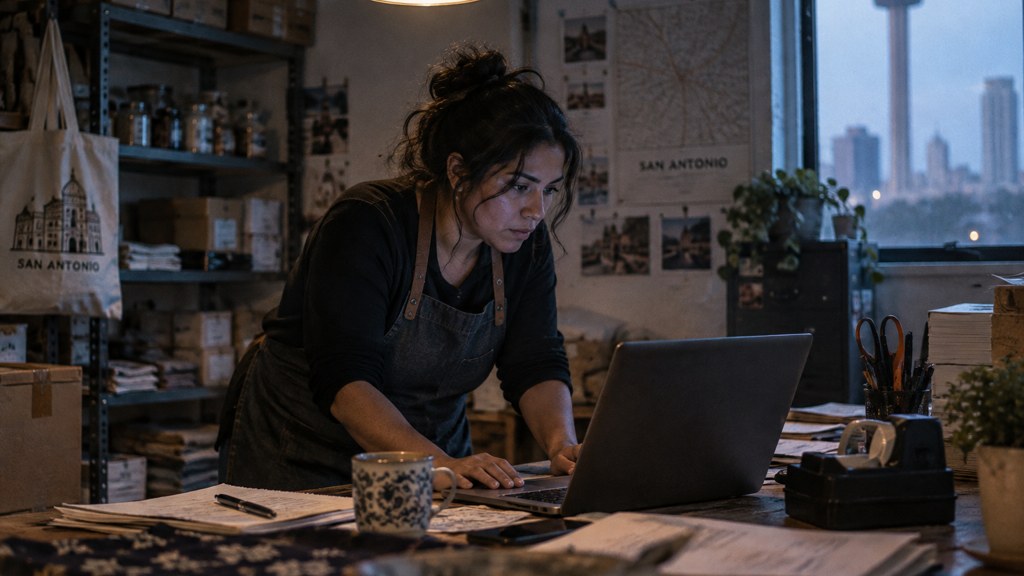 A small-business owner in an apron leaning over a laptop on a cluttered back-office desk late in the day, photographed in San Antonio