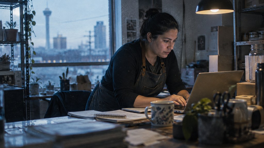 A small-business owner in an apron leaning over a laptop on a cluttered back-office desk late in the day, photographed in San Antonio