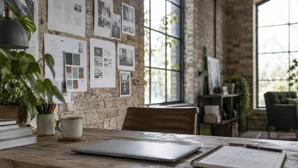 An empty workspace in a converted Baltic Triangle warehouse design studio on a bright blustery afternoon, printed website wireframes and colour swatches pinned to a brick wall, a closed laptop and a sketchbook on a reclaimed pine desk, tall arched windows with pale light