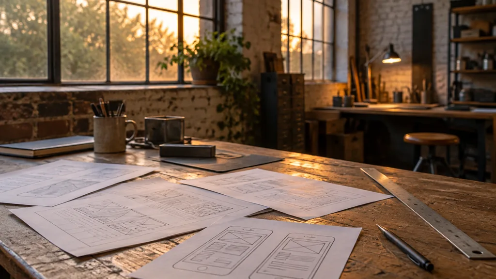An empty workspace in a former cutlery-works studio in Kelham Island in the evening, paper wireframes and mobile screen sketches spread across a scuffed oak bench beside a steel ruler, multi-pane windows with warm amber light