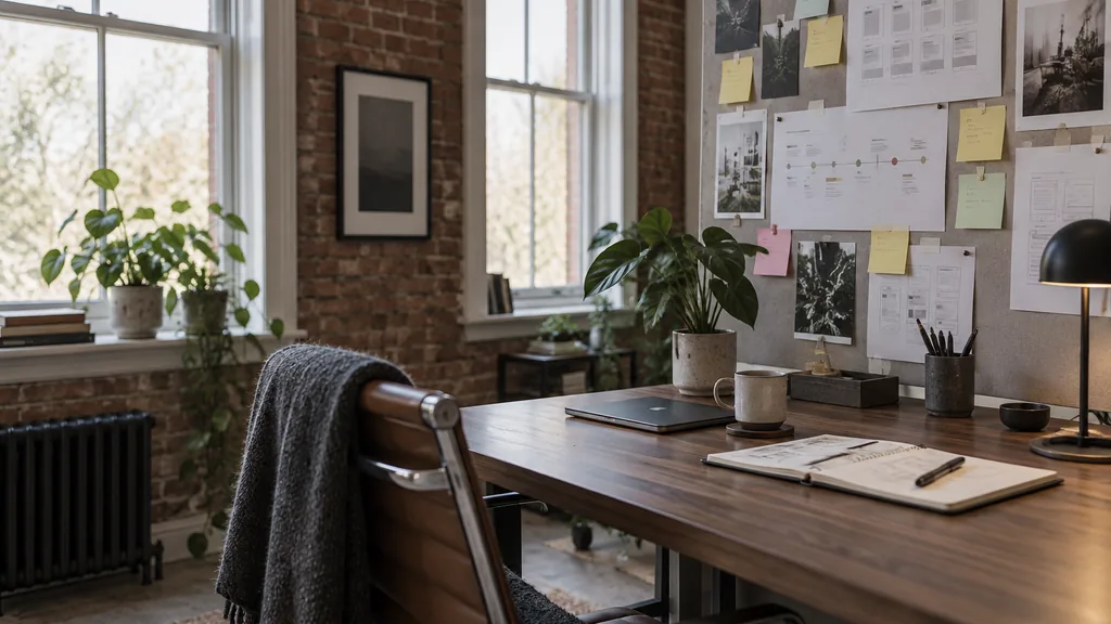 An empty workspace in a Lace Market loft studio on a quiet grey morning, printed UX journey maps and sticky notes on a pinboard beside a walnut desk with a sketchbook, tall sash windows with soft white light