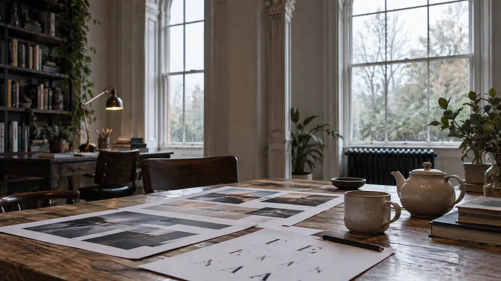 An empty workspace in a Victorian office studio near Cardiff Bay on a damp afternoon, printed homepage mock-ups and a typography specimen sheet on an oak table beside a teapot, high arched windows with cool silver light