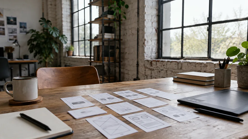 An empty workspace in an Ouseburn Valley warehouse studio on a cold bright morning, index cards with mobile screen layouts laid out on a scrubbed timber desk beside a drawing tablet, iron-framed windows with crisp white light