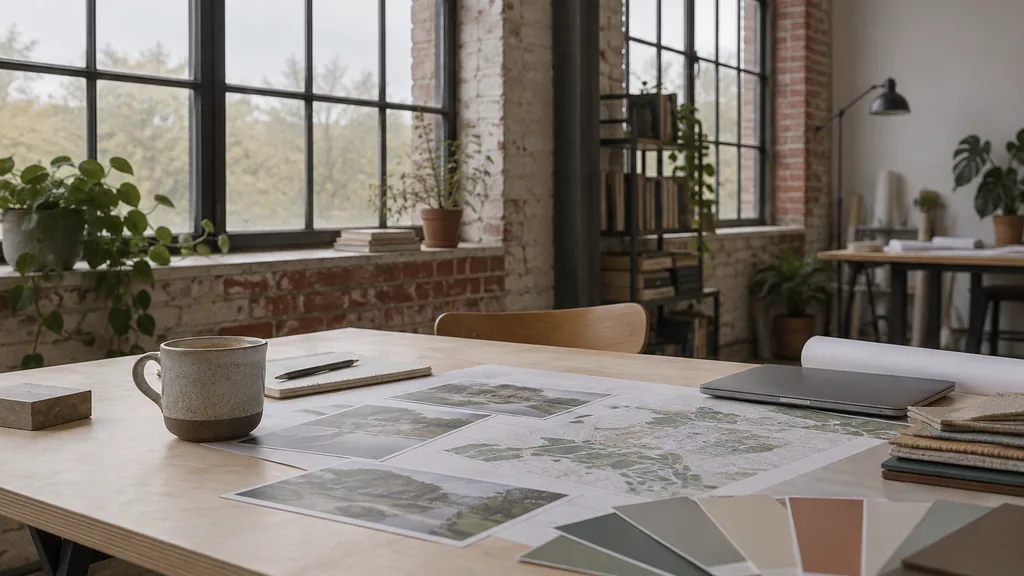 An empty workspace in a converted hosiery-factory studio in Leicester on an overcast afternoon, printed site maps and colour palette cards on a birch desk beside a coffee, wide factory windows with diffuse grey light