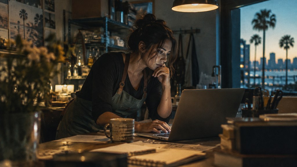 A small-business owner in an apron leaning over a laptop on a cluttered back-office desk late in the day, photographed in San Diego