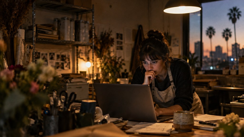 A small-business owner in an apron leaning over a laptop on a cluttered back-office desk late in the day, photographed in San Diego