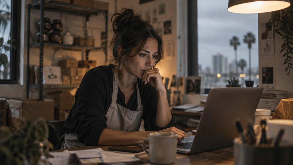 A small-business owner in an apron leaning over a laptop on a cluttered back-office desk late in the day, photographed in San Diego