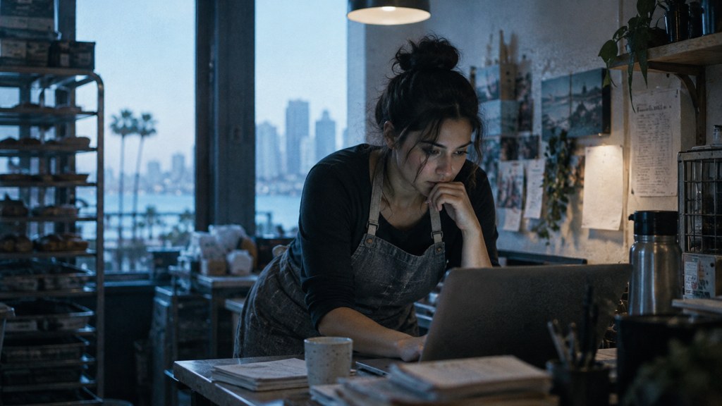 A small-business owner in an apron leaning over a laptop on a cluttered back-office desk late in the day, photographed in San Diego